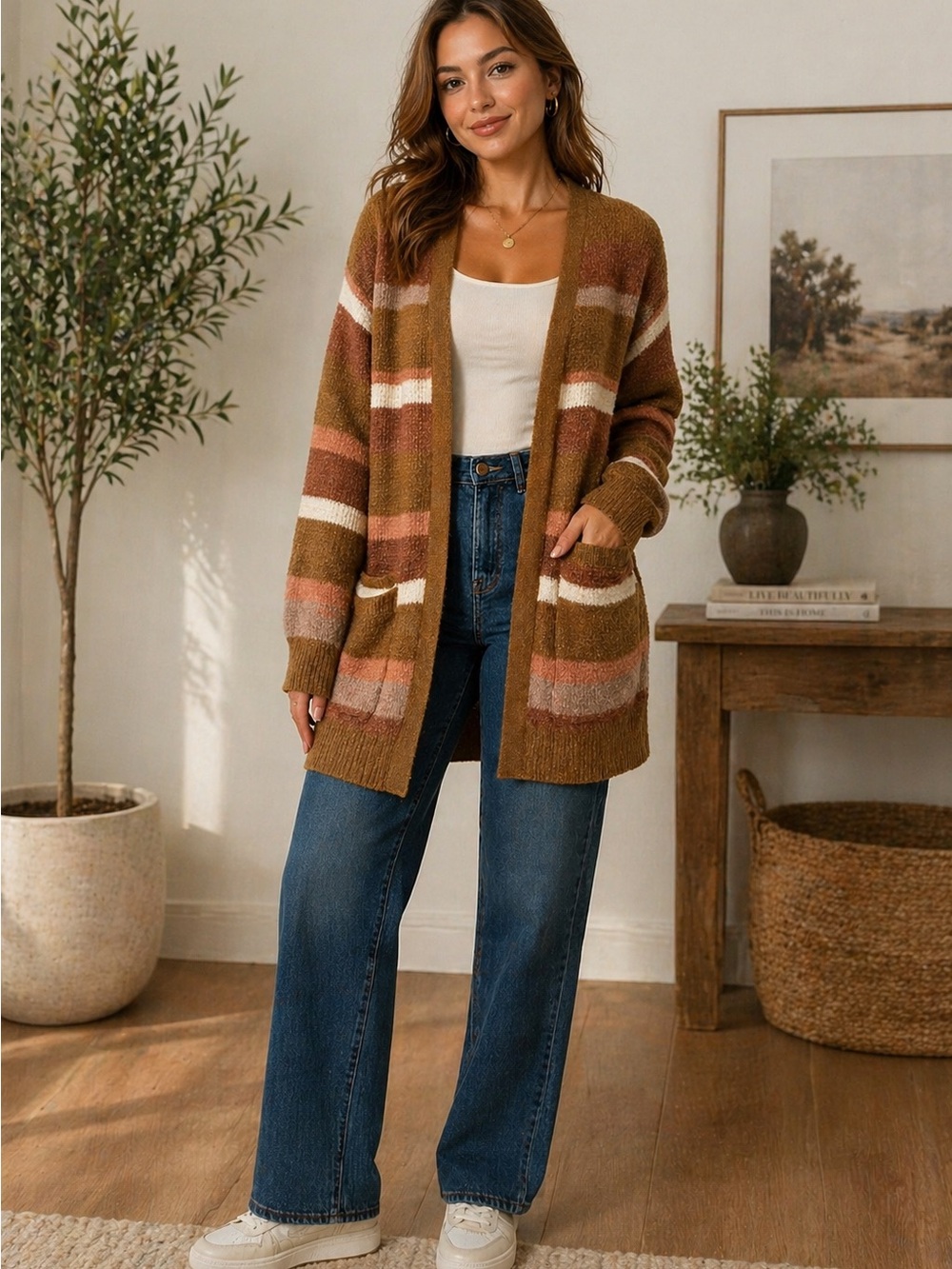 Pink Republic Striped Open-Front Cardigan in Brown, Cream, Pink, and Gray